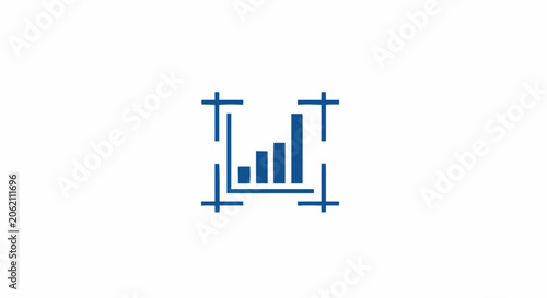 Blue bar chart icon with crop marks representing data analysis and business growth metrics.