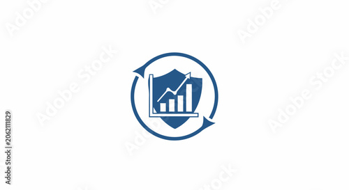 Blue business growth and security icon featuring a shield with a rising bar chart and circular arrows.