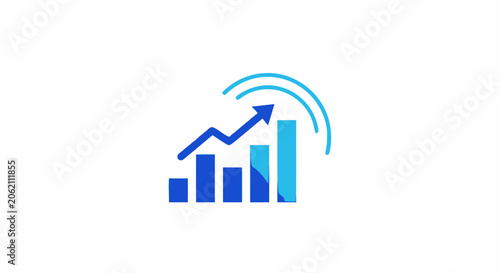 Blue business growth bar chart icon with upward arrow and signal lines representing financial success and progress.