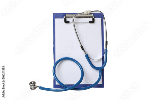 Stethoscope beside a blank clipboard, isolated on white, PNG
