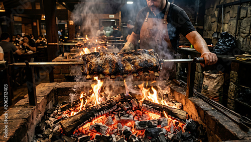 Brazilian beef ribs slowly roasting over open charcoal grill with visible smoke and fire, rustic churrasqueira atmosphere, dramatic warm lighting, premium barbecue restaurant concept