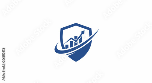 Blue shield logo icon with financial growth bar chart and upward arrow representing secure business investment.