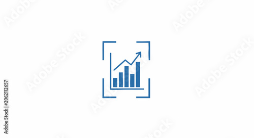 Blue business growth chart icon showing upward trend arrow and bar graph inside focus frame.