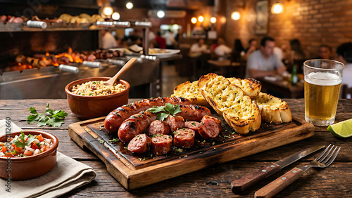 Brazilian linguiça sausage grilled to perfection with pão de alho and farofa on rustic wooden table, warm churrasco atmosphere, premium restaurant food styling, commercial image quality.