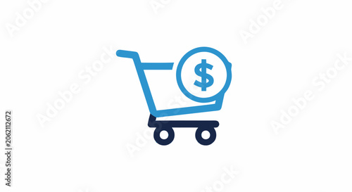 Blue shopping cart icon with dollar sign coin representing online retail purchase and e commerce transaction.