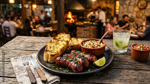 Brazilian linguiça sausage grilled to perfection with pão de alho and farofa on rustic wooden table, warm churrasco atmosphere, premium restaurant food styling, commercial image quality.