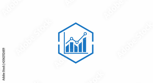 Blue business growth chart icon with bar graph and line chart inside a hexagon.