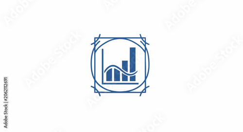 Blue business growth chart icon with bar graph and wave line in technical frame.