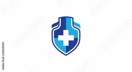 Blue medical shield icon with white cross representing healthcare protection and safety.