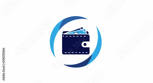 Blue wallet icon with money bills inside a circular frame logo design.