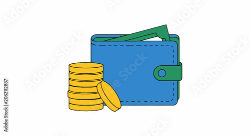 Blue wallet with green banknotes and a stack of gold coins vector illustration.
