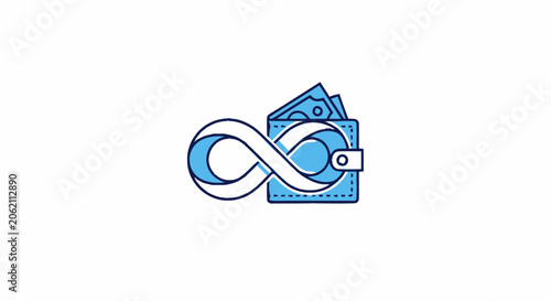 Blue wallet with money and infinity symbol representing endless wealth and passive income.