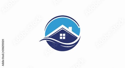 Blue real estate logo design featuring a house roof and waves inside a circle.