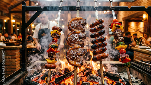 Traditional Brazilian skewers with picanha, linguiça and vegetables grilling over open flame, glowing charcoal and smoke, rustic churrasco atmosphere, premium restaurant advertising concept.