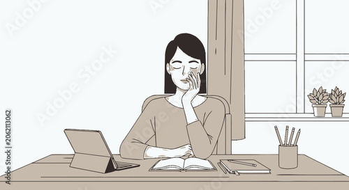 Blurry Woman Sitting at Desk in Modern Office Environment.