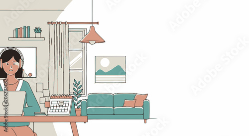 Blurry Person Using Laptop in Cozy Modern Living Room.