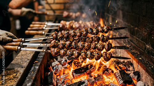 Grilled chicken hearts on skewers over glowing charcoal fire, authentic Brazilian churrasco close up, dramatic firelight, premium steakhouse food photography, highly detailed texture.