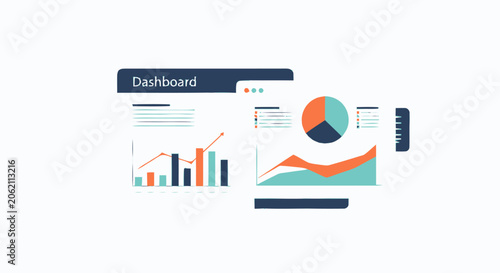 Business dashboard interface with financial charts and data analytics graphs vector illustration.