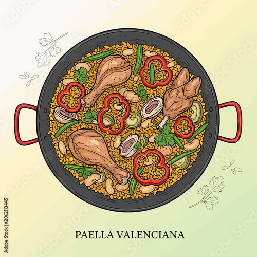 Vibrant Paella Valenciana illustration featuring tender chicken, savory rice, bell peppers, and vegetables, beautifully presented in a traditional cooking pan