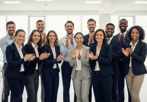 Group of diverse business professionals clapping their hands together in an office setting