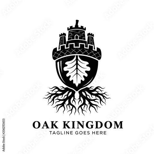 Photos Strong graphic depicting an acorn with castle battlements and complex roots