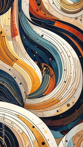 A vibrant abstract art piece featuring swirling lines of orange, blue, and beige