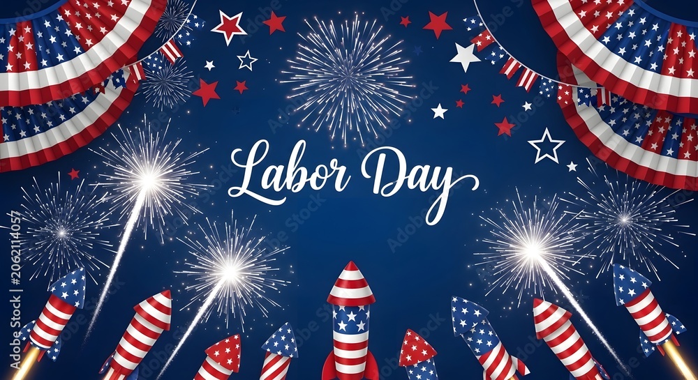 Fototapeta premium Labor day celebration background with fireworks and american flag rockets