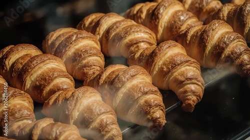 Fresh croissant in the display window, pastry shop 