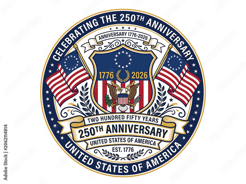 Fototapeta premium United states semiquincentennial 250th anniversary logo, 17762026, commemorative emblem with american flags, eagle, and shield, patriotic design for independence day celebration
