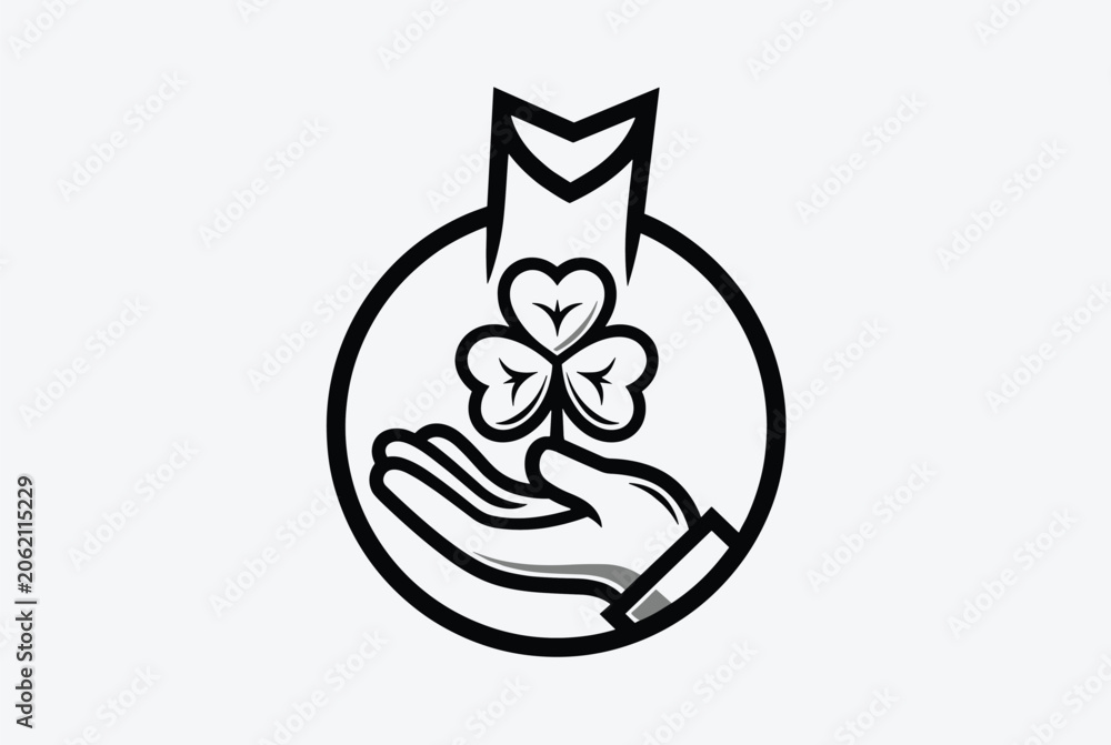 Fototapeta premium Stylized black and white icon of a hand holding a three leaf clover symbol inside a circular frame on a plain light grey background for a logo.