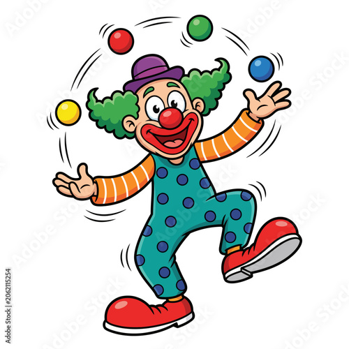 Cheerful cartoon clown juggling colorful balls at a circus show