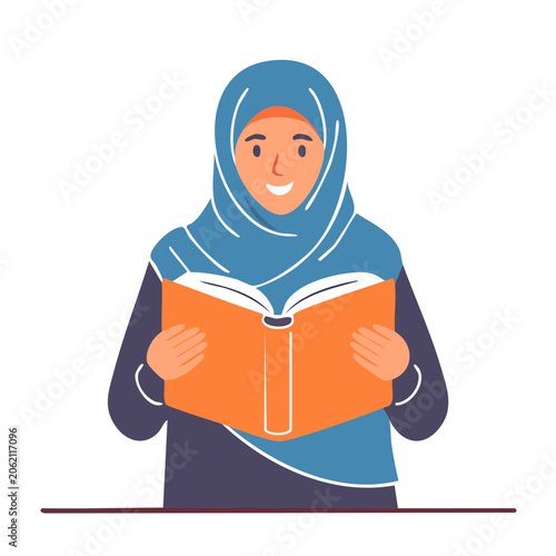 Woman in hijab reading an open book illustration