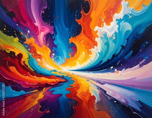 A vibrant digital artwork featuring swirling colorful patterns radiating from a central point