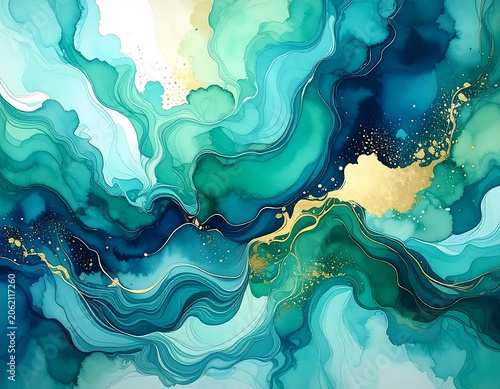 A vibrant, swirling abstract art piece featuring shades of blue and green with gold accents
