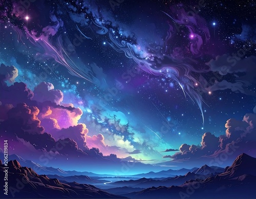 A vibrant, starry night sky with colorful clouds and distant mountains