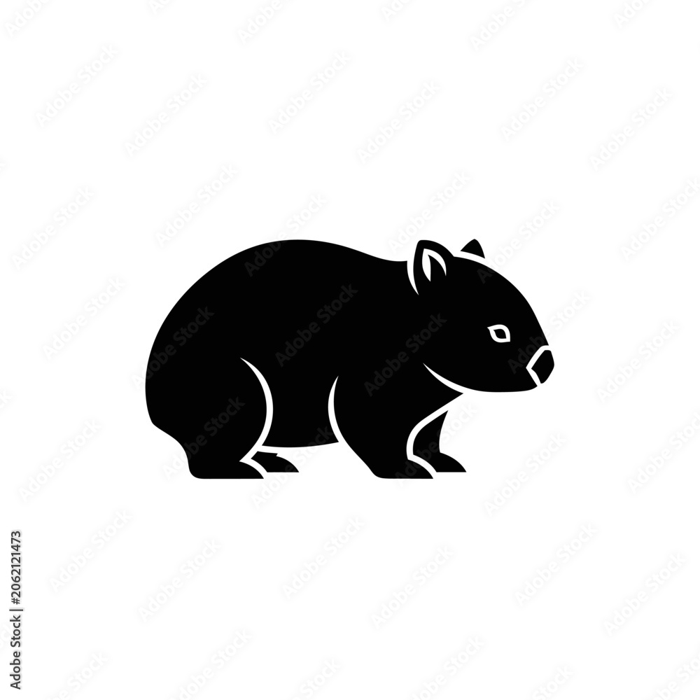 Fototapeta premium Silhouette of a cute wombat, a marsupial mammal native to Australia, depicted in a simple black icon style, perfect for wildlife themes