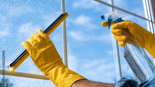 Professional Window Cleaner Wearing Yellow Rubber Gloves Cleaning Glass