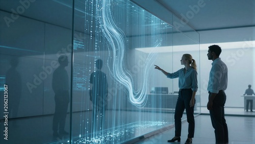 Two people interact with a glowing digital display in a futuristic, minimalist room.