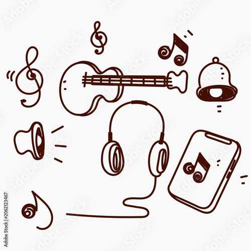 Hand Drawn Doodle Music, Audio, and Podcast Element Icon Set. design for podcast, music player UI, and audio streaming app elements