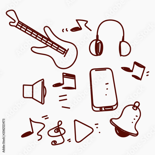 Hand Drawn Doodle Music, Audio, and Podcast Element Icon Set. design for podcast, music player UI, and audio streaming app elements