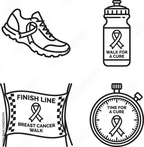A comprehensive set of four distinct black and white line art icons illustrating breast cancer awareness and charity walk events featuring running shoe water bottle finish line banner and stopwatch