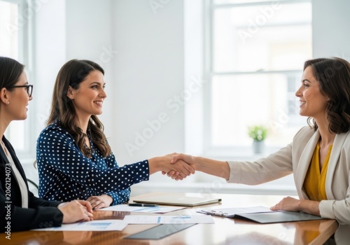 Three businesswomen shaking hands in a professional office setting during a meeting
