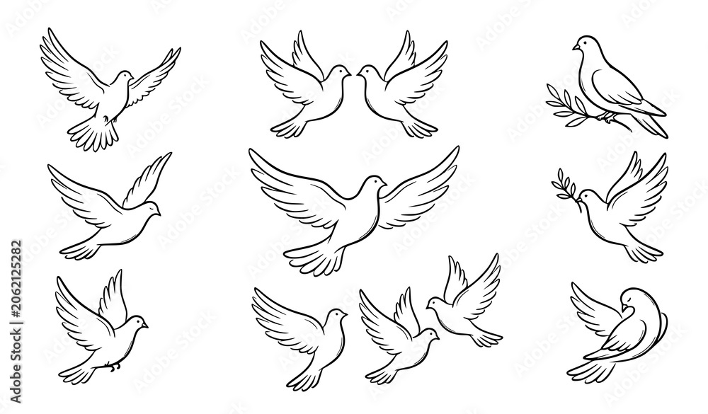 Fototapeta premium Hand Drawn Dove Outline Icon Set Monochrome Vector Design