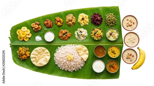 Traditional kerala sadya meal served on a banana leaf isolated on transparent background