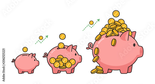 Three piggy banks in increasing size filled with coins.
