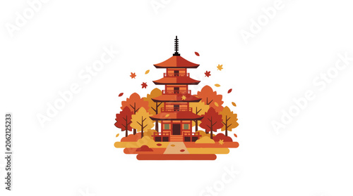Traditional Japanese Pagoda Surrounded by Autumn Trees and Falling Leaves.