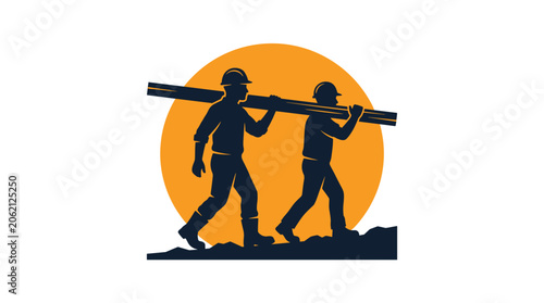 Two construction workers carrying a long pipe together.