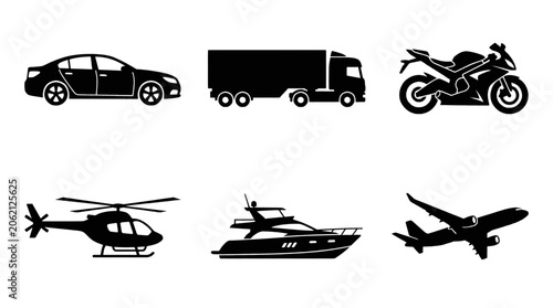 Quadro su tela Collection of black silhouette icons representing various modes of transportation including cars, trucks, motorcycles, helicopters, yachts, and airplanes