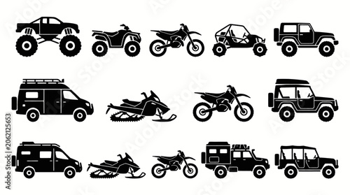 Foto Collection of black silhouette icons representing various off-road vehicles and recreational transport
