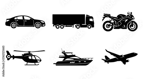 Photos Collection of Silhouettes of Various Modes of Transportation Including a Car, Truck, Motorcycle, Helicopter, Yacht, and Airplane